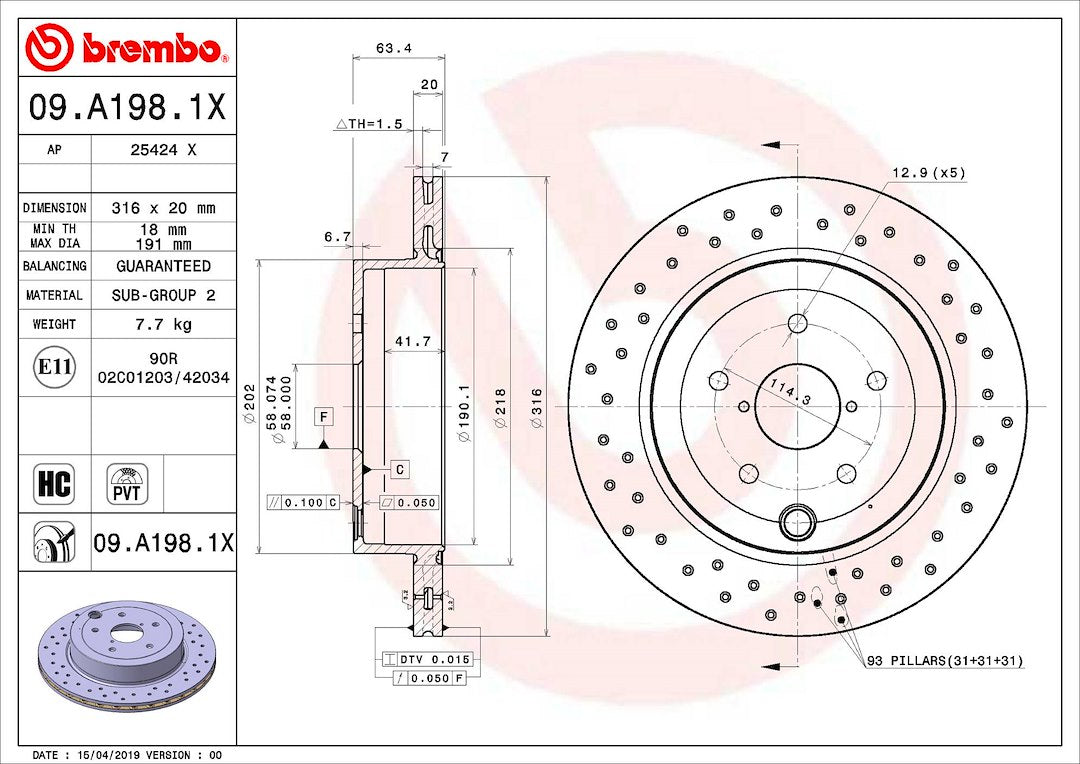 Product of Brembo 09A1981XC02 Xtra Vented Cross Drilled 1 Piece Brake Rotor 