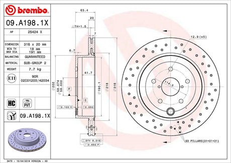 Product of Brembo 09A1981XC02 Xtra Vented Cross Drilled 1 Piece Brake Rotor 