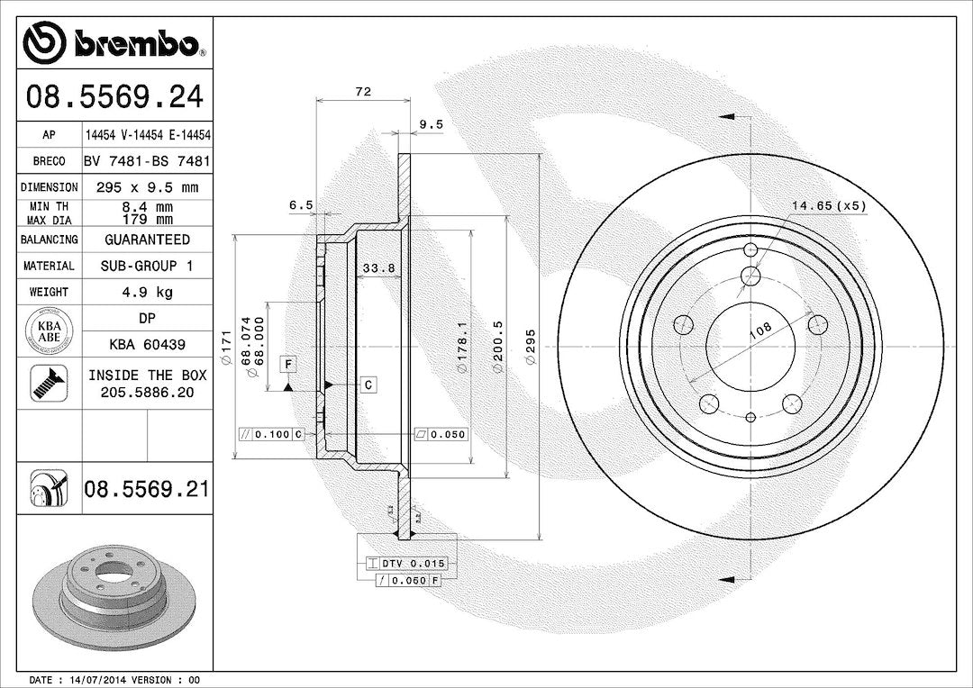Product of Brembo 08556921C02 Solid 1 Piece Brake Rotor 
