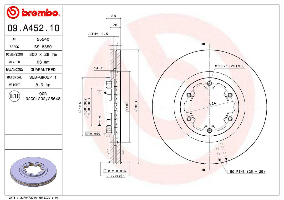 Product of Brembo 09A45210C02 Vented 1 Piece Brake Rotor 