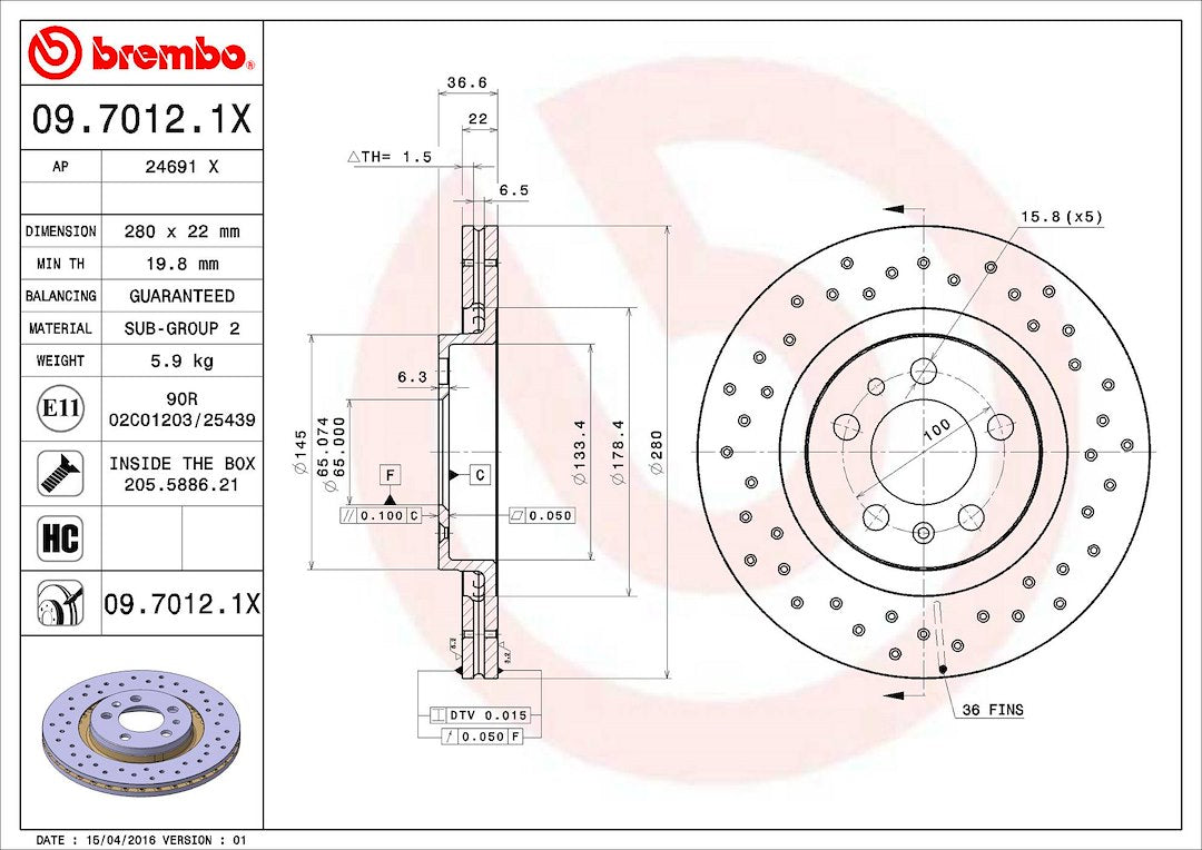 Product of Brembo 0970121XC02 Xtra Vented Cross Drilled 1 Piece Brake Rotor 