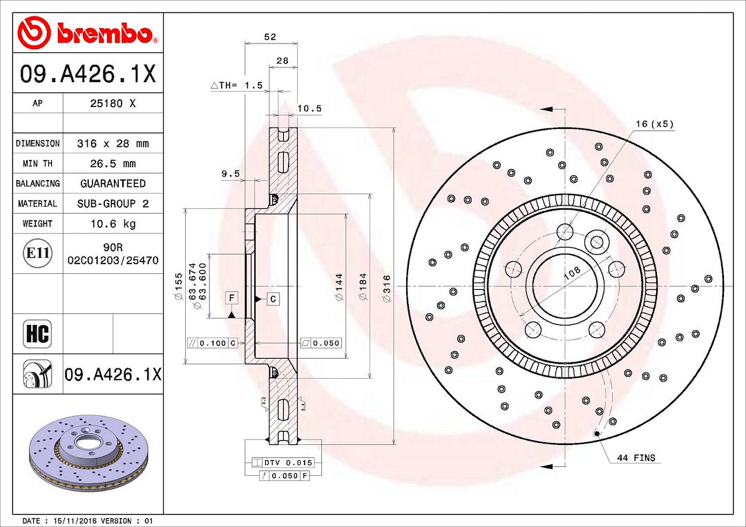 Product of Brembo 09A4261XC02 Xtra Vented Cross Drilled 1 Piece Brake Rotor 